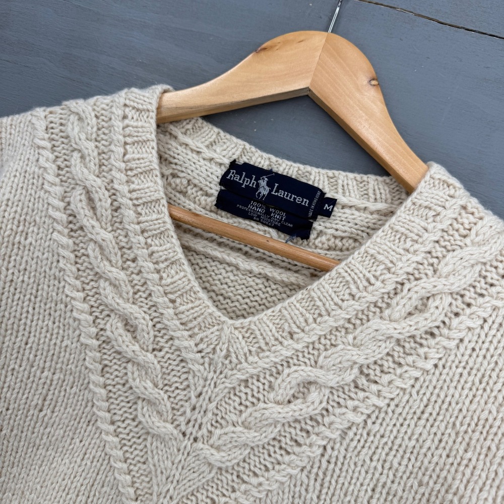 Vintage Polo Ralph Lauren Sweater Cream Hand Knit Wool Cable V-Neck Size Medium - Picture 2 of 7